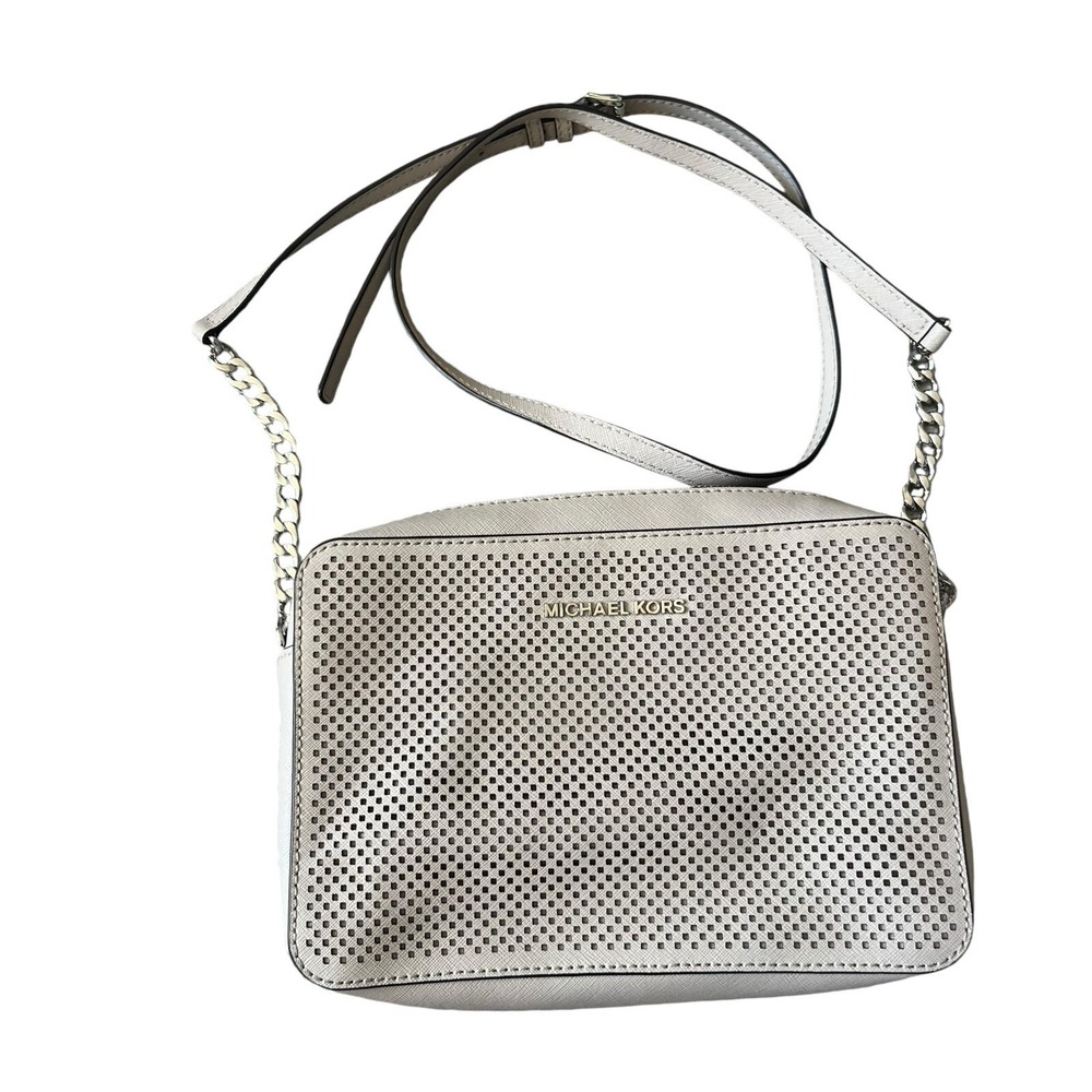 Michael Kors Women's Jet Set Gray Perforated Crossbody Bag Silver Strap
